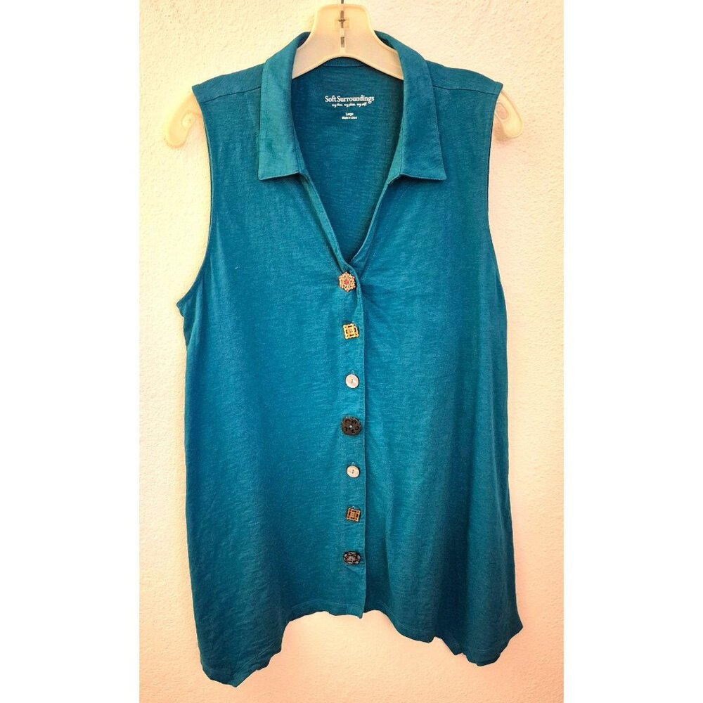 Soft Surroundings Quirky Button A-Line Cotton Sleeveless Tunic Top Size L EUC